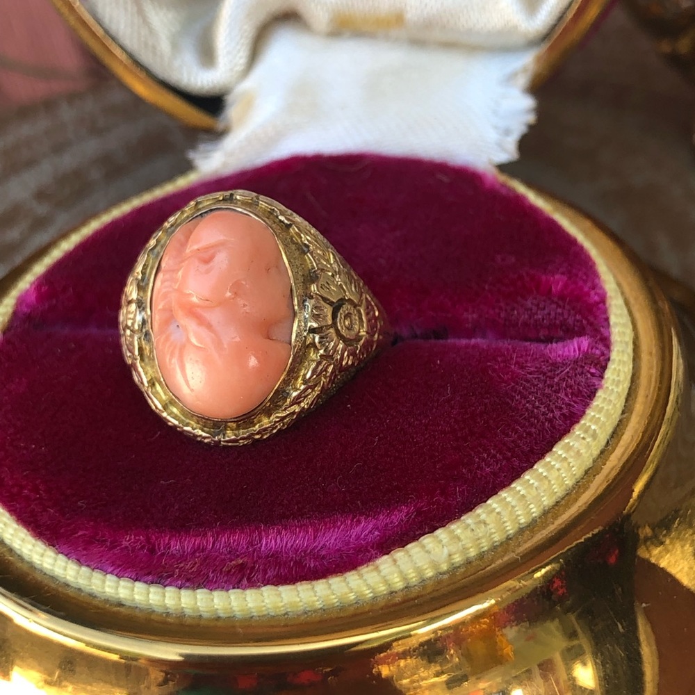 Antique Victorian 1800s 14k solid gold Coral cameo ring carved flowers etched - Picture 5 of 10